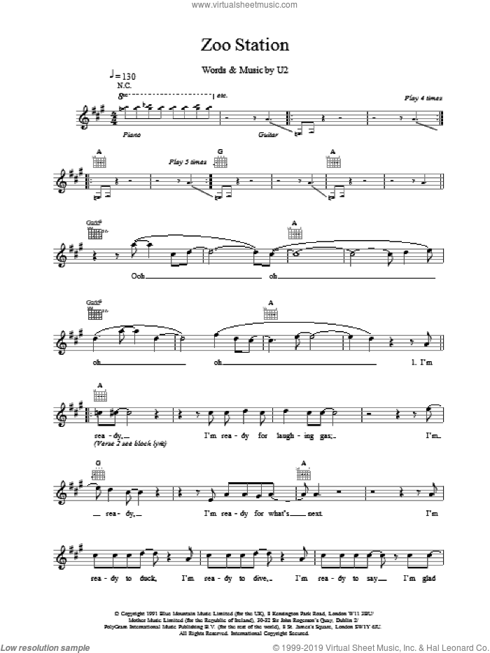 Zoo Station sheet music for voice and other instruments (fake book) by U2, intermediate skill level