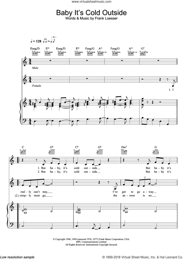 Baby, It's Cold Outside sheet music for voice, piano or guitar by Dean Martin and Frank Loesser, intermediate skill level