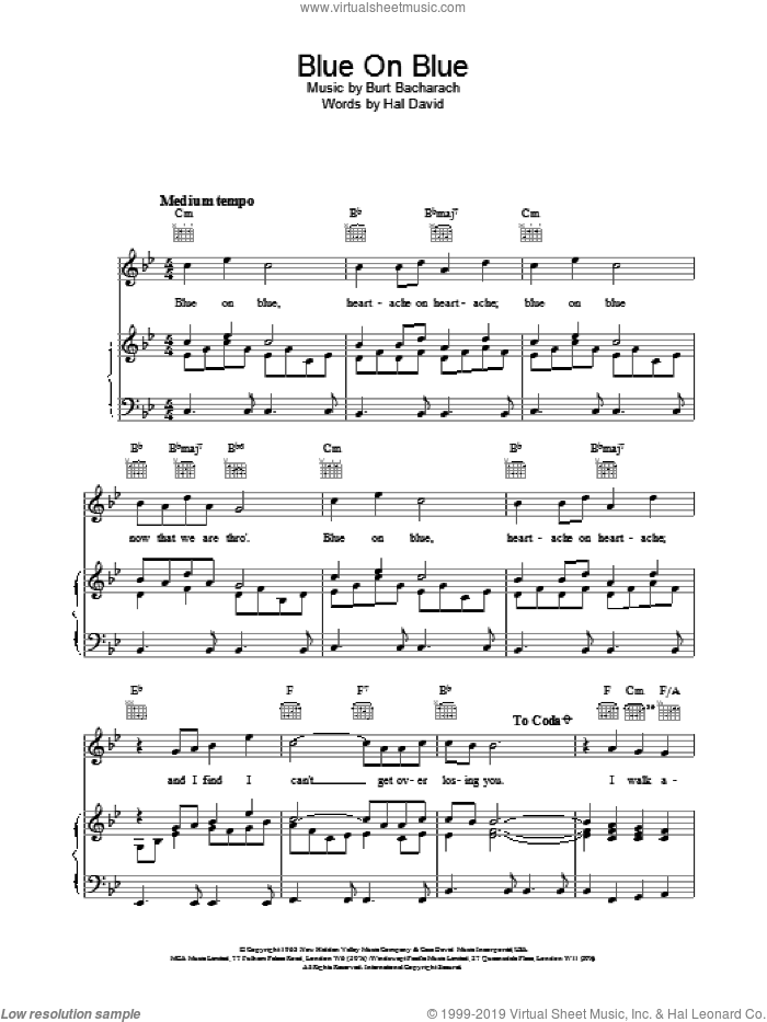 Blue On Blue sheet music for voice, piano or guitar by Burt Bacharach, intermediate skill level