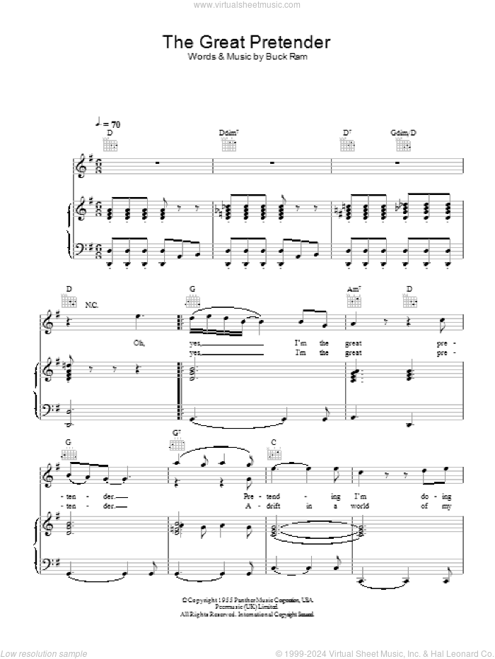 The Great Pretender sheet music for voice, piano or guitar by Freddie Mercury, The Platters and Buck Ram, intermediate skill level