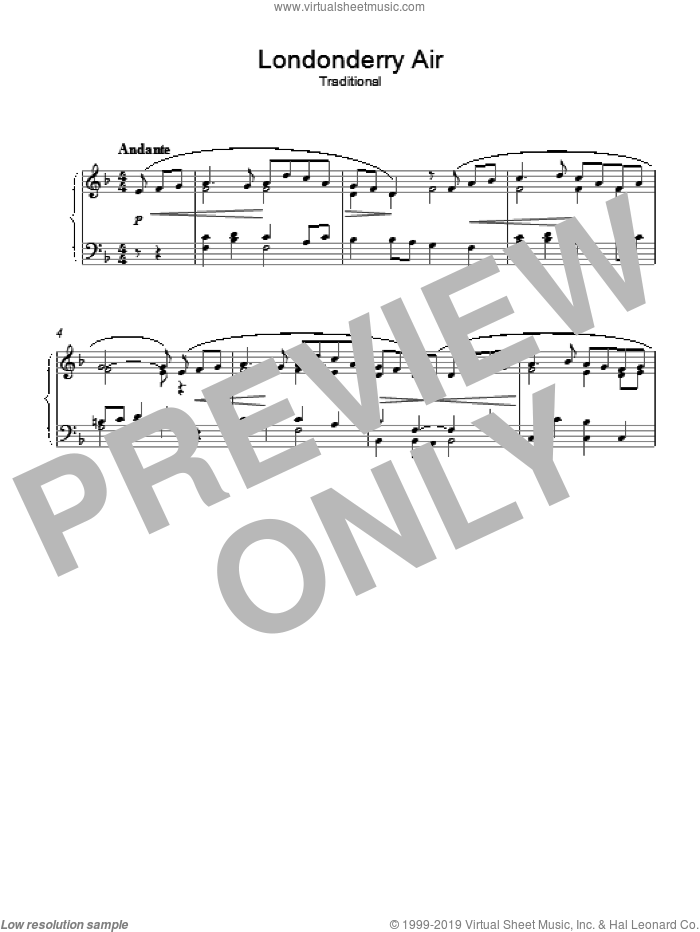 Londonderry Air sheet music for piano solo, intermediate skill level