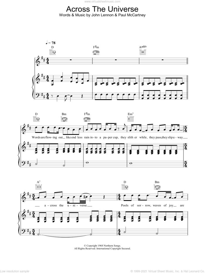 Across The Universe sheet music for voice, piano or guitar by The Beatles, John Lennon and Paul McCartney, intermediate skill level