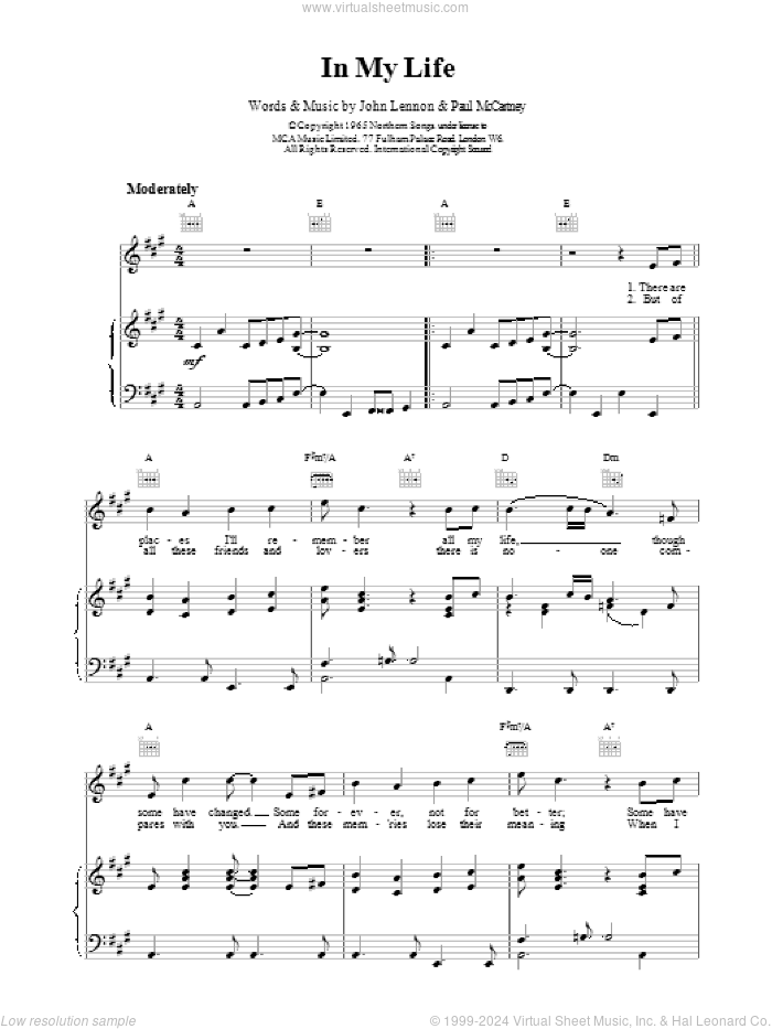 In My Life sheet music for voice, piano or guitar by The Beatles, John Lennon and Paul McCartney, wedding score, intermediate skill level