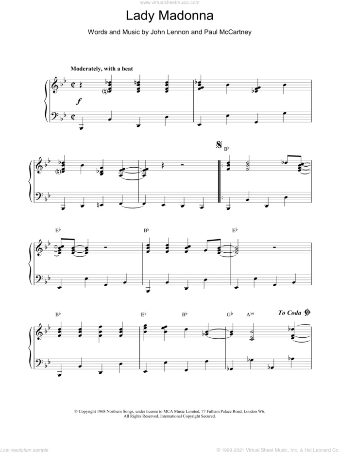 Lady Madonna sheet music for piano solo by The Beatles, intermediate skill level