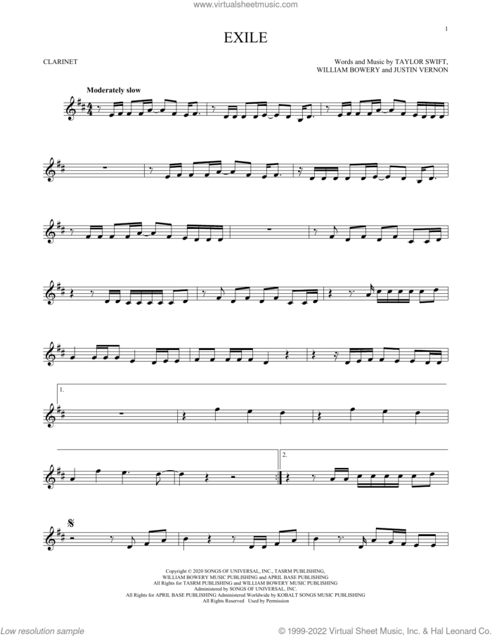 exile (feat. Bon Iver) sheet music for clarinet solo by Taylor Swift, Justin Vernon and William Bowery, intermediate skill level