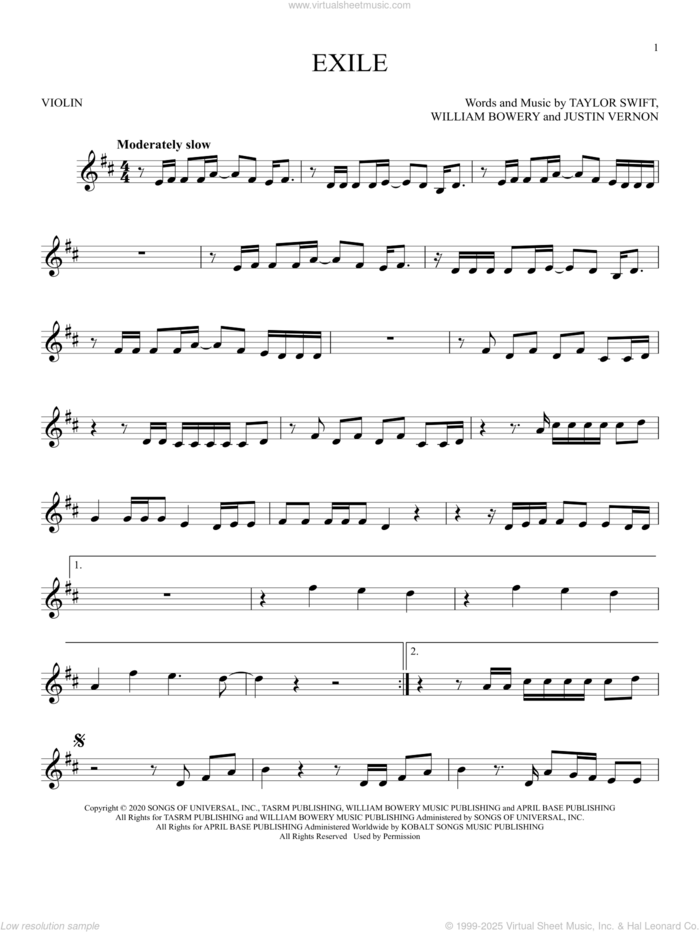 exile (feat. Bon Iver) sheet music for violin solo by Taylor Swift, Justin Vernon and William Bowery, intermediate skill level