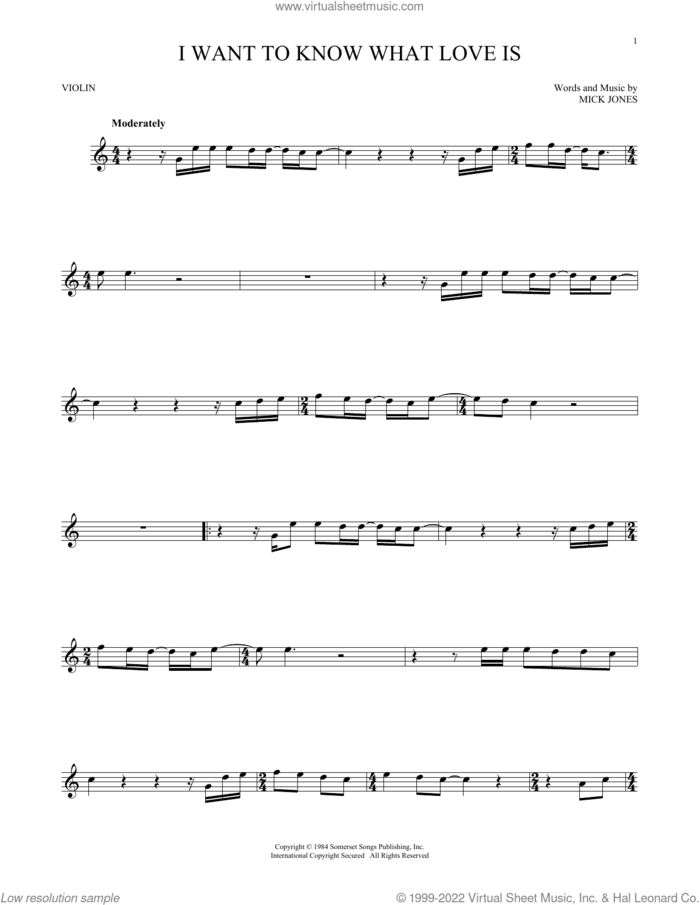 I Want To Know What Love Is sheet music for violin solo by Foreigner and Mick Jones, intermediate skill level