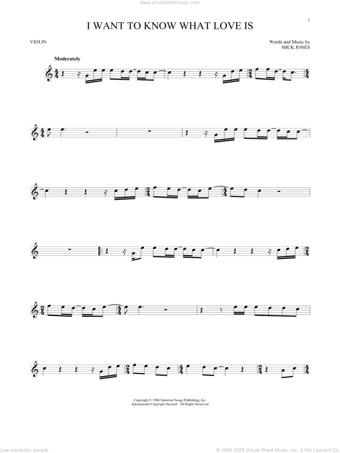 I Want To Know What Love Is sheet music for violin solo by Foreigner and Mick Jones, intermediate skill level