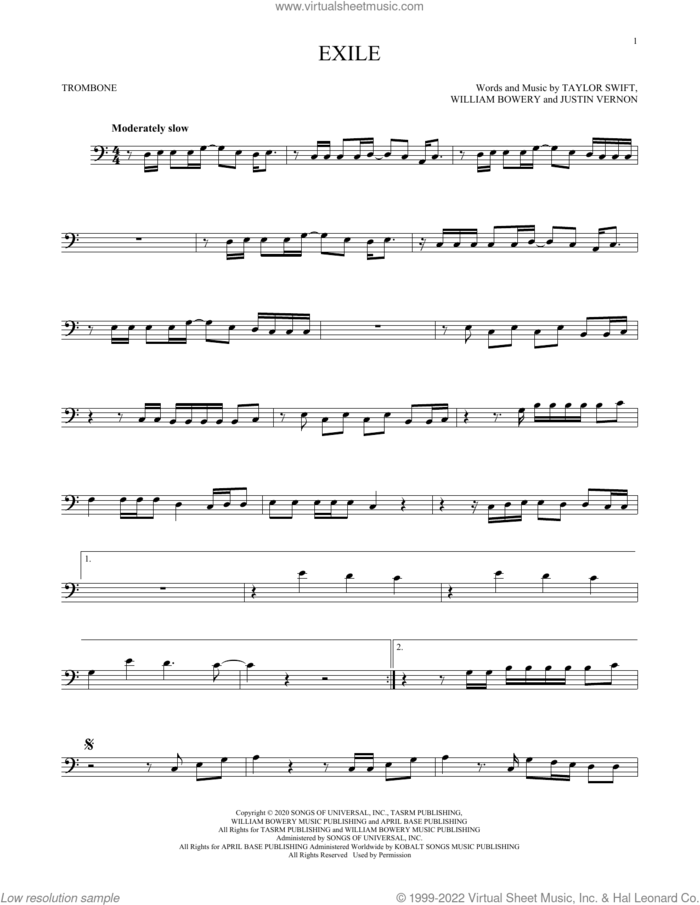 exile (feat. Bon Iver) sheet music for trombone solo by Taylor Swift, Justin Vernon and William Bowery, intermediate skill level