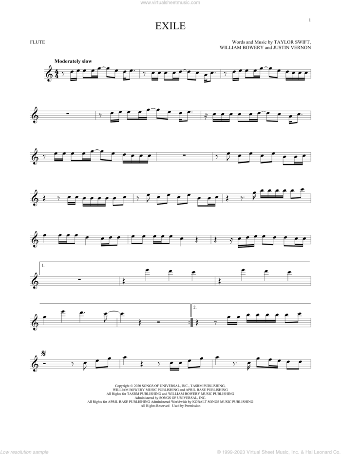 exile (feat. Bon Iver) sheet music for flute solo by Taylor Swift, Justin Vernon and William Bowery, intermediate skill level