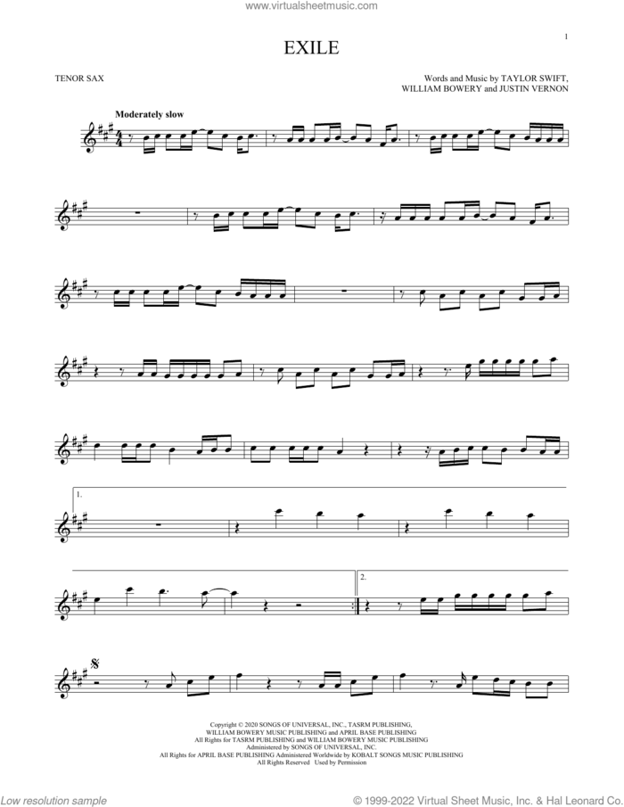 exile (feat. Bon Iver) sheet music for tenor saxophone solo by Taylor Swift, Justin Vernon and William Bowery, intermediate skill level