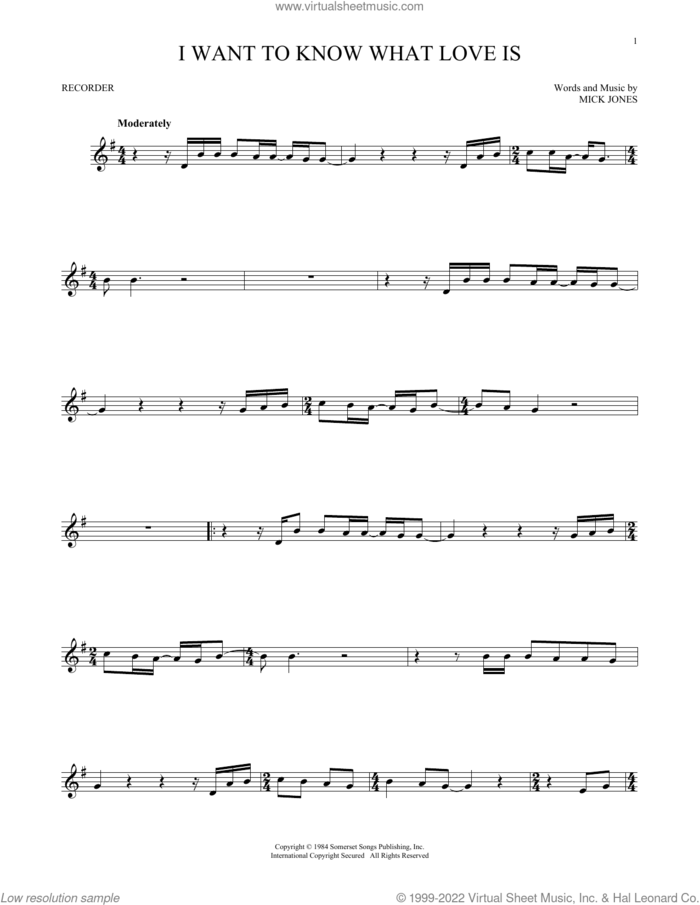 I Want To Know What Love Is sheet music for recorder solo by Foreigner and Mick Jones, intermediate skill level