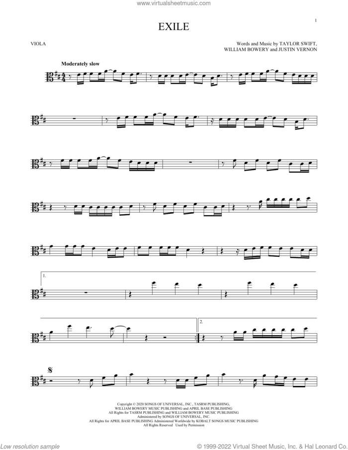 exile (feat. Bon Iver) sheet music for viola solo by Taylor Swift, Justin Vernon and William Bowery, intermediate skill level