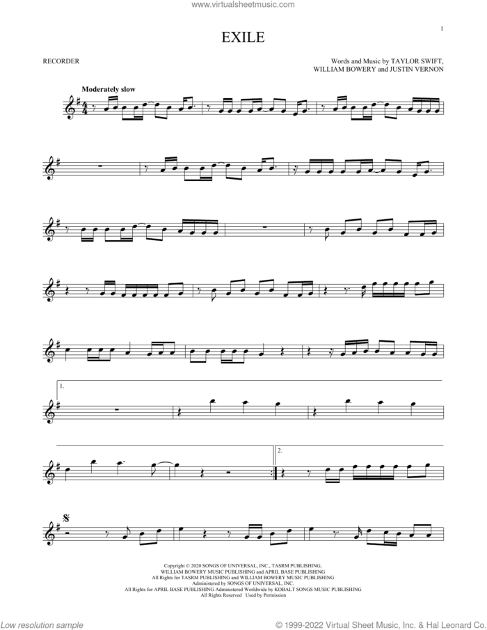 exile (feat. Bon Iver) sheet music for recorder solo by Taylor Swift, Justin Vernon and William Bowery, intermediate skill level