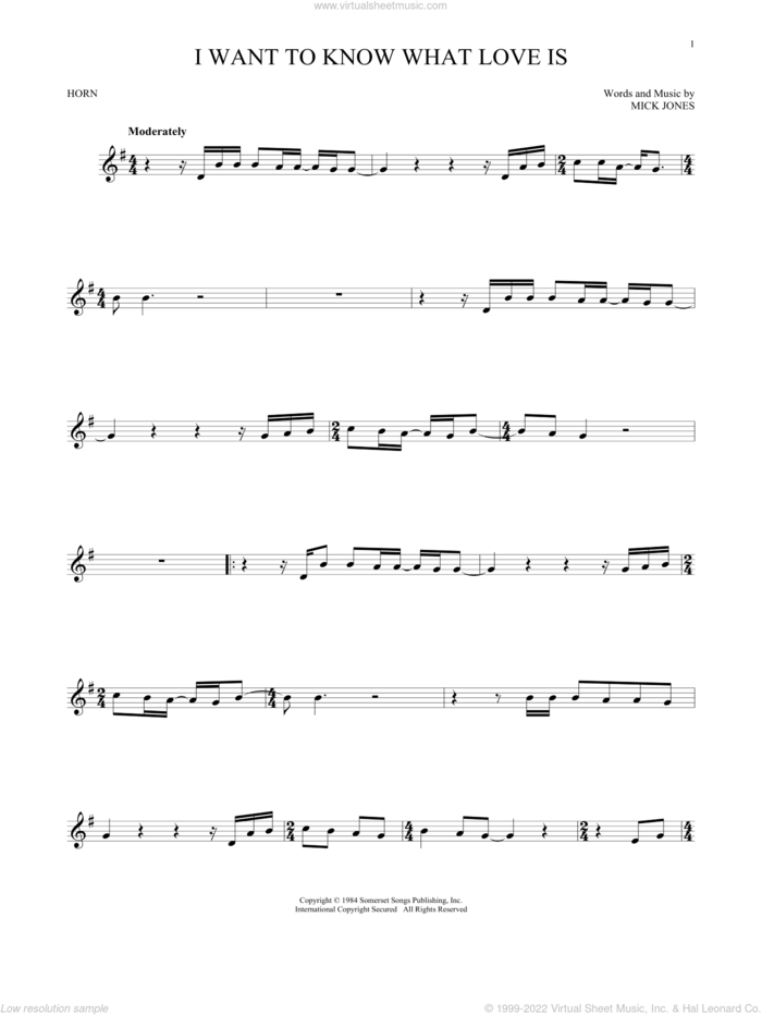 I Want To Know What Love Is sheet music for horn solo by Foreigner and Mick Jones, intermediate skill level
