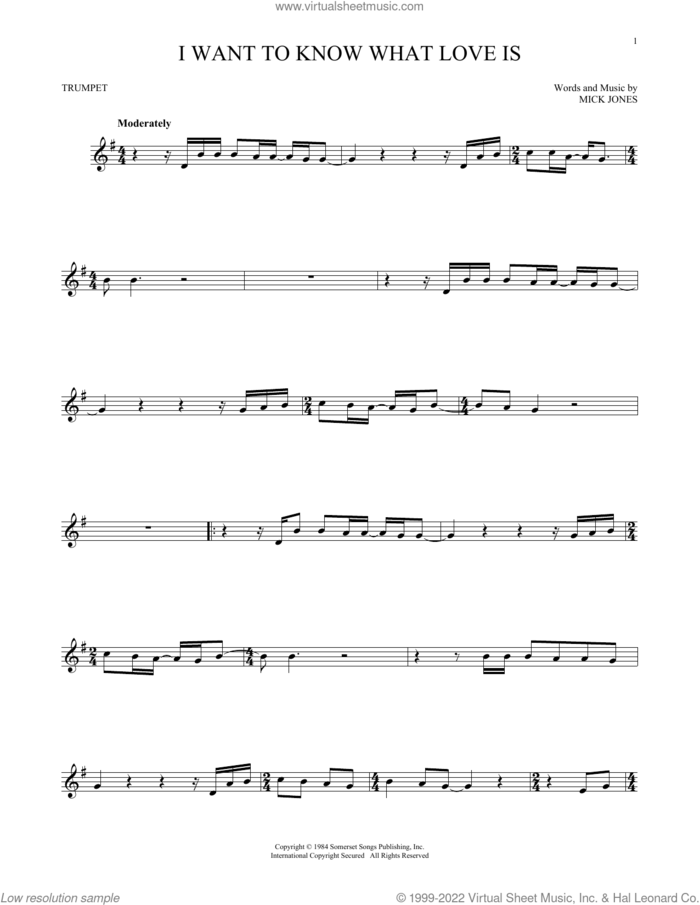 I Want To Know What Love Is sheet music for trumpet solo by Foreigner and Mick Jones, intermediate skill level