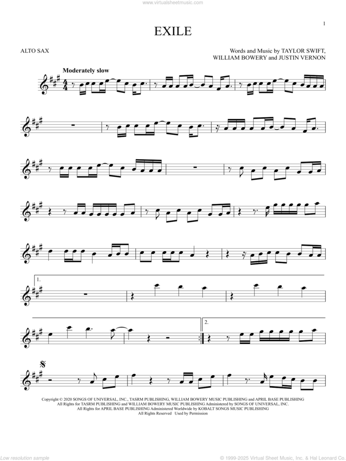 exile (feat. Bon Iver) sheet music for alto saxophone solo by Taylor Swift, Justin Vernon and William Bowery, intermediate skill level