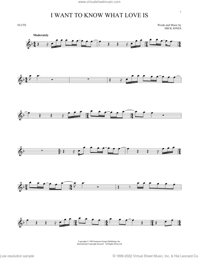 I Want To Know What Love Is sheet music for flute solo by Foreigner and Mick Jones, intermediate skill level