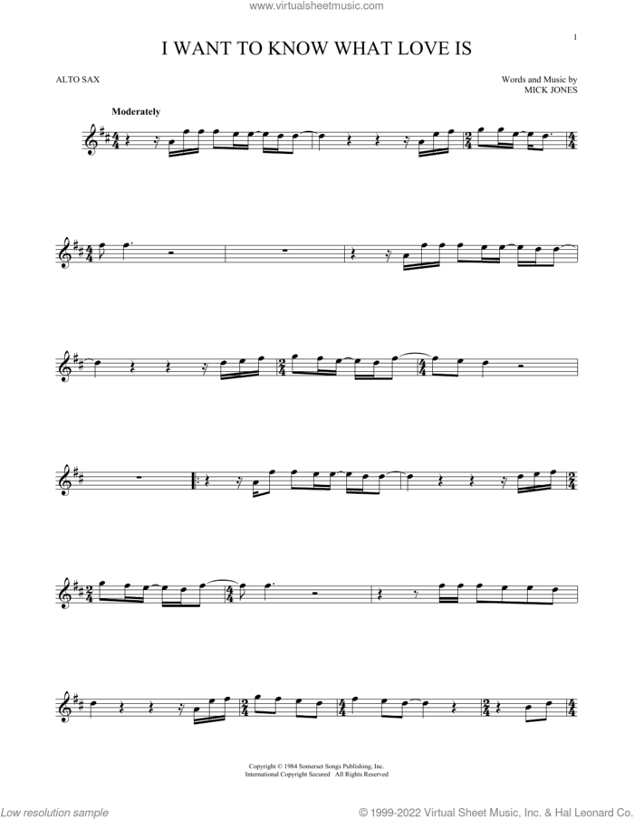 I Want To Know What Love Is sheet music for alto saxophone solo by Foreigner and Mick Jones, intermediate skill level