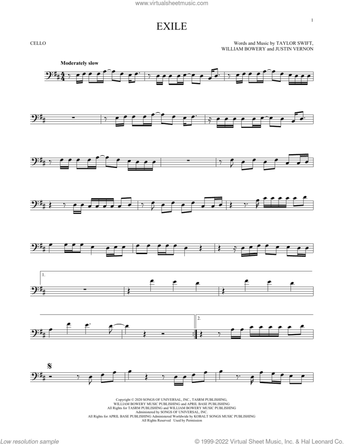 exile (feat. Bon Iver) sheet music for cello solo by Taylor Swift, Justin Vernon and William Bowery, intermediate skill level