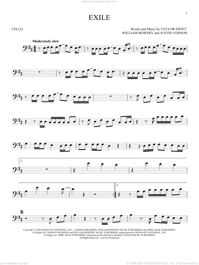 exile (feat. Bon Iver) sheet music for cello solo by Taylor Swift, Justin Vernon and William Bowery, intermediate skill level