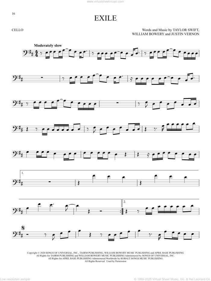 exile (feat. Bon Iver) sheet music for cello solo by Taylor Swift, Justin Vernon and William Bowery, intermediate skill level