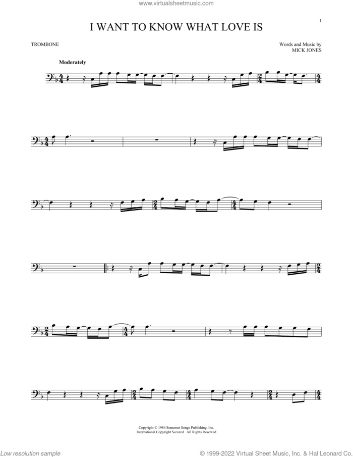 I Want To Know What Love Is sheet music for trombone solo by Foreigner and Mick Jones, intermediate skill level