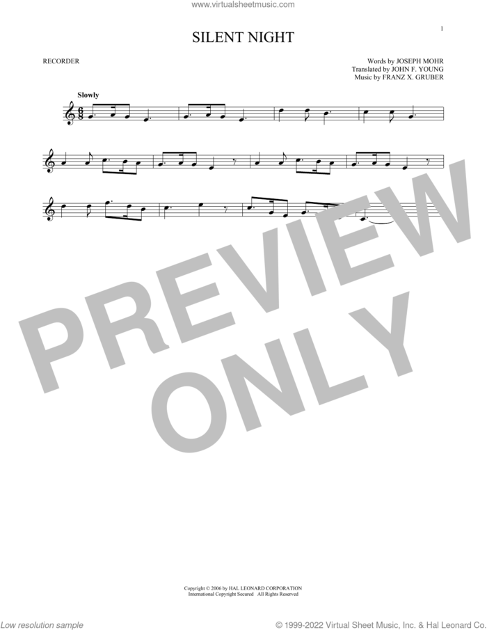 Silent Night sheet music for recorder solo by Franz Gruber, John F. Young and Joseph Mohr, intermediate skill level
