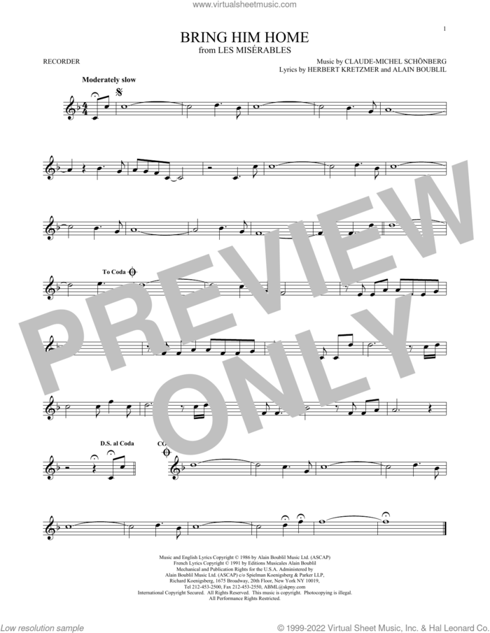 Bring Him Home (from Les Miserables) sheet music for recorder solo by Alain Boublil, Boublil & Schonberg, Claude-Michel Schonberg and Herbert Kretzmer, intermediate skill level