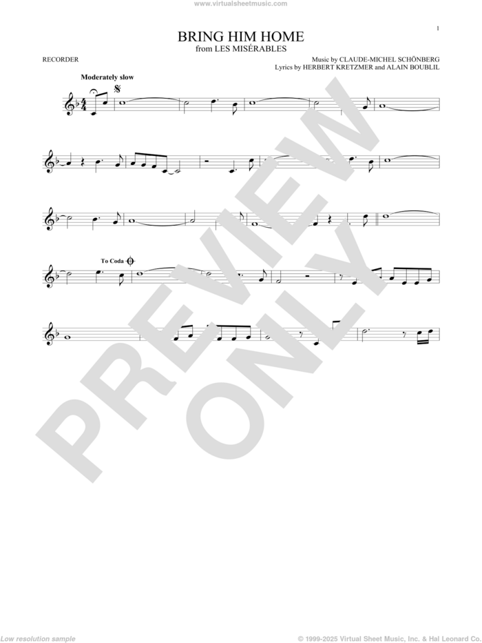 Bring Him Home (from Les Miserables) sheet music for recorder solo by Alain Boublil, Boublil & Schonberg, Claude-Michel Schonberg and Herbert Kretzmer, intermediate skill level