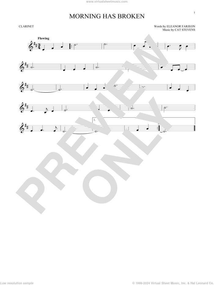 Morning Has Broken sheet music for clarinet solo by Cat Stevens and Eleanor Farjeon, intermediate skill level