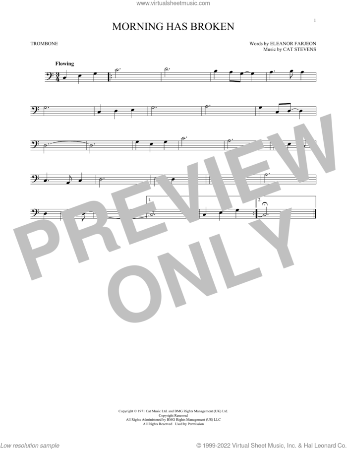 Morning Has Broken sheet music for trombone solo by Cat Stevens and Eleanor Farjeon, intermediate skill level