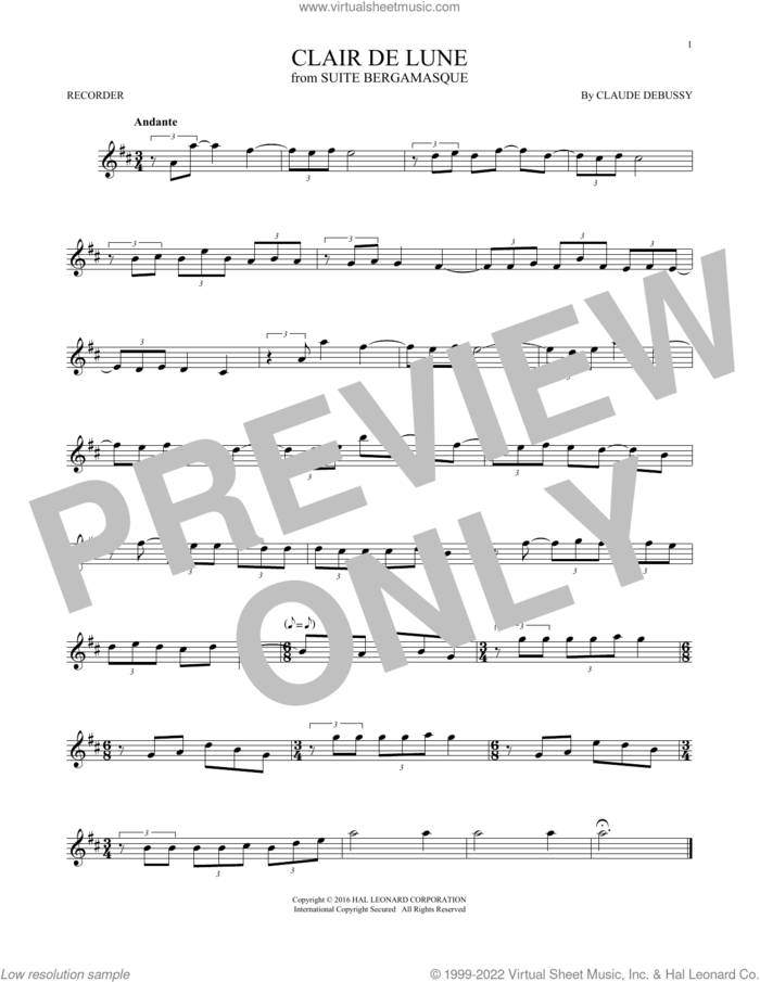 Clair De Lune sheet music for recorder solo by Claude Debussy, classical score, intermediate skill level