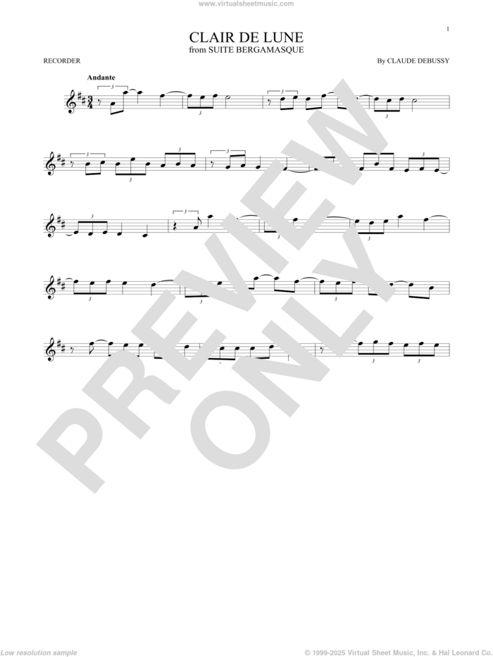 Clair De Lune sheet music for recorder solo by Claude Debussy, classical wedding score, intermediate skill level