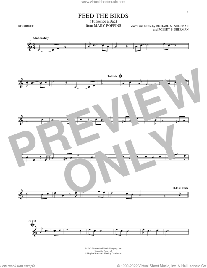 Feed The Birds (Tuppence A Bag) (from Mary Poppins) sheet music for recorder solo by Richard M. Sherman, Robert B. Sherman and Sherman Brothers, intermediate skill level