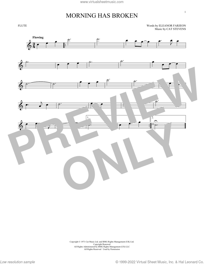 Morning Has Broken sheet music for flute solo by Cat Stevens and Eleanor Farjeon, intermediate skill level