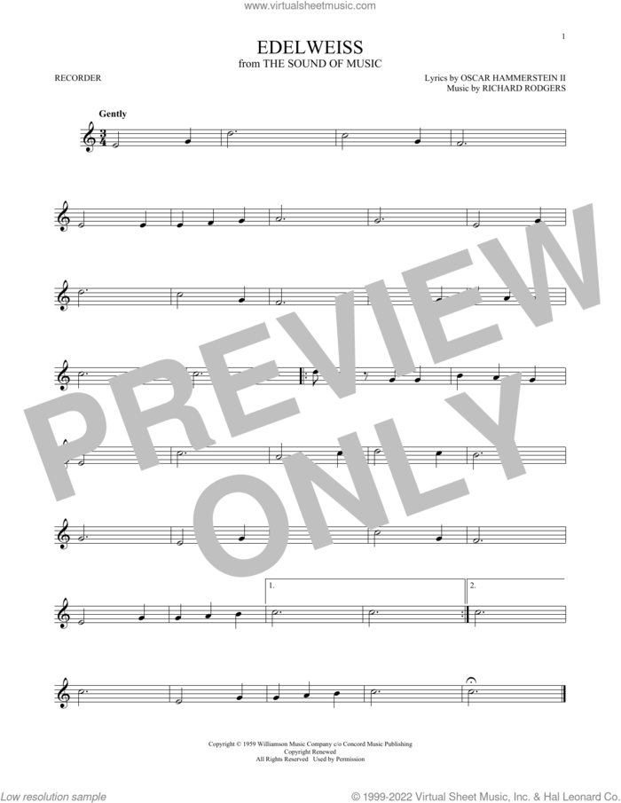 Edelweiss (from The Sound Of Music) sheet music for recorder solo by Richard Rodgers, Oscar II Hammerstein and Rodgers & Hammerstein, intermediate skill level