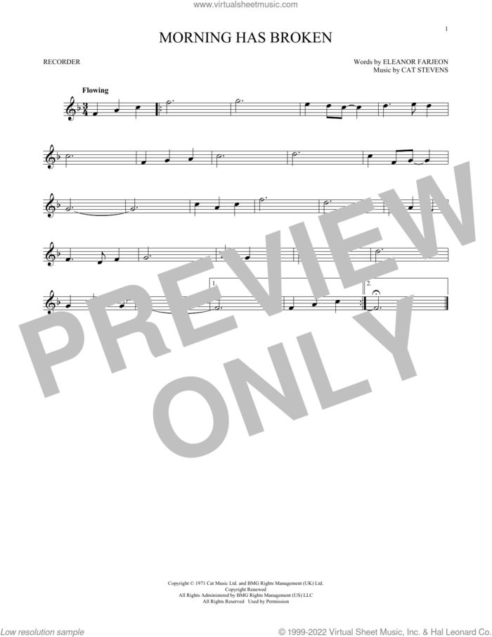 Morning Has Broken sheet music for recorder solo by Cat Stevens and Eleanor Farjeon, intermediate skill level