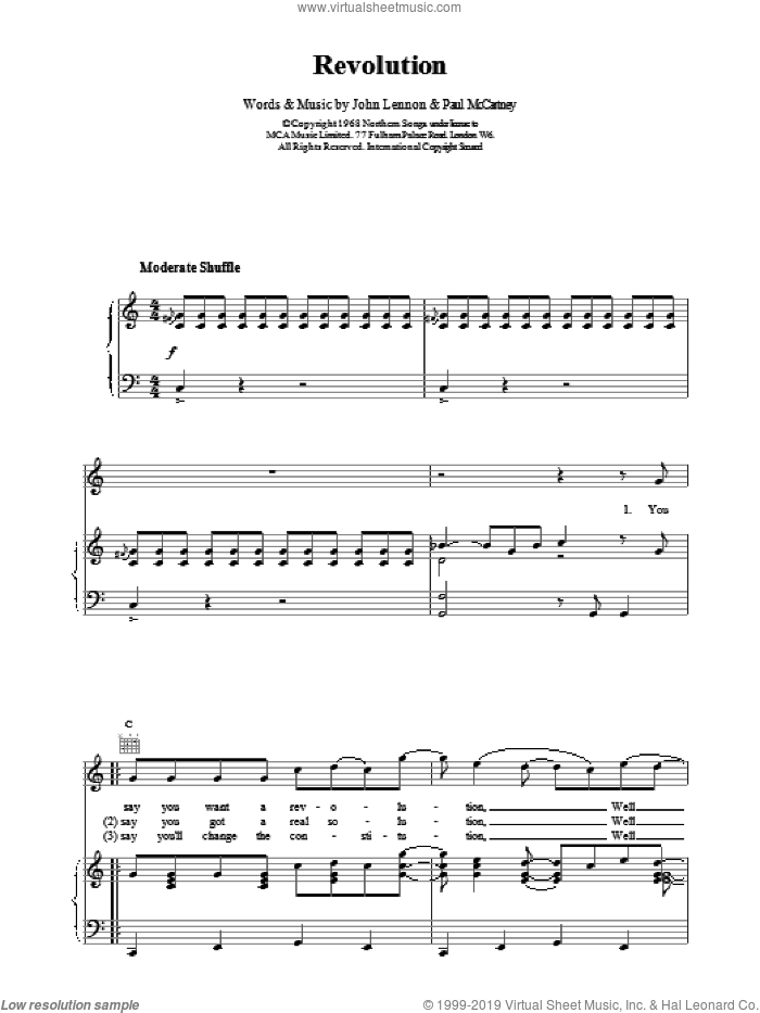 Revolution sheet music for voice, piano or guitar by The Beatles, intermediate skill level