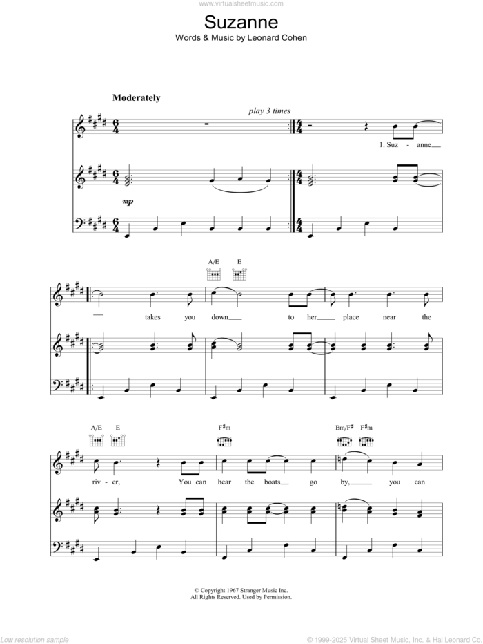 Suzanne sheet music for voice, piano or guitar by Leonard Cohen, intermediate skill level