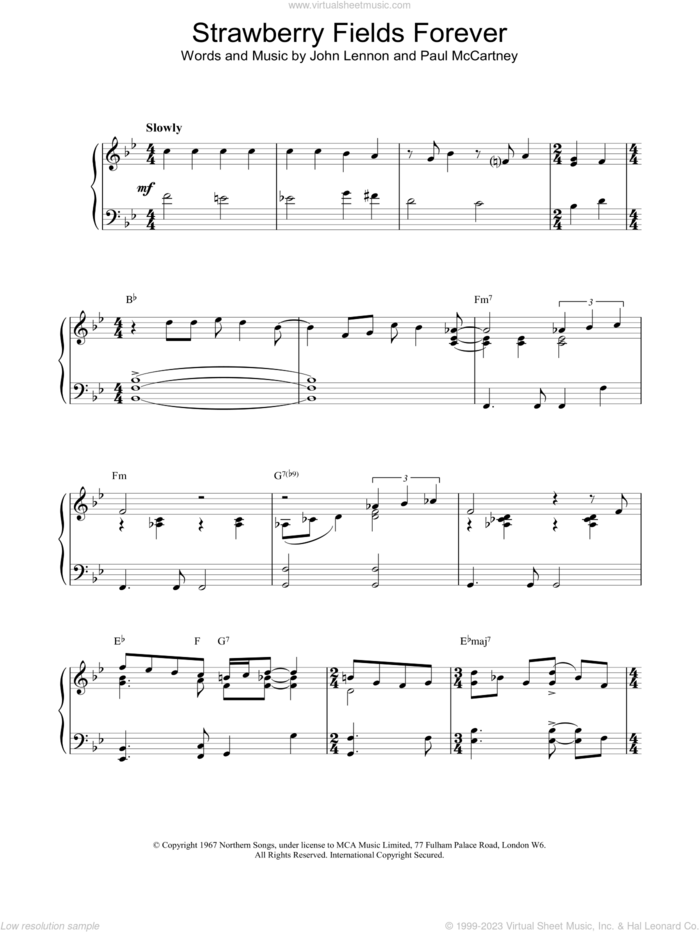 Strawberry Fields Forever sheet music for piano solo by The Beatles, intermediate skill level