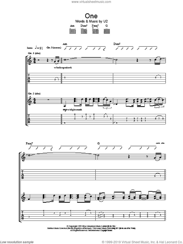 One sheet music for guitar (tablature) by U2 and Johnny Cash, intermediate skill level