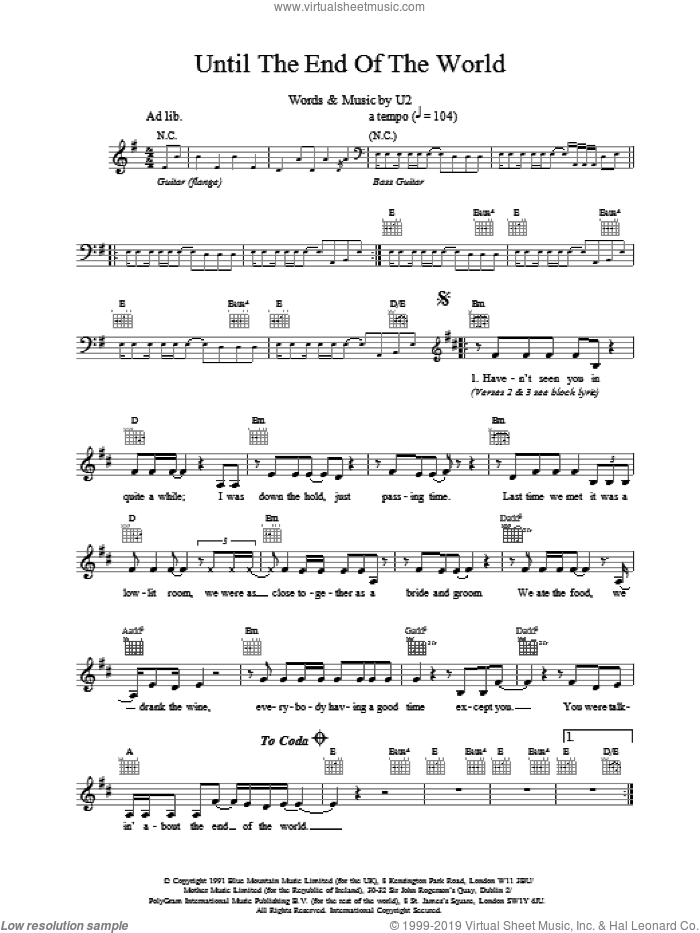 Until The End Of The World sheet music for voice and other instruments (fake book) by U2, intermediate skill level