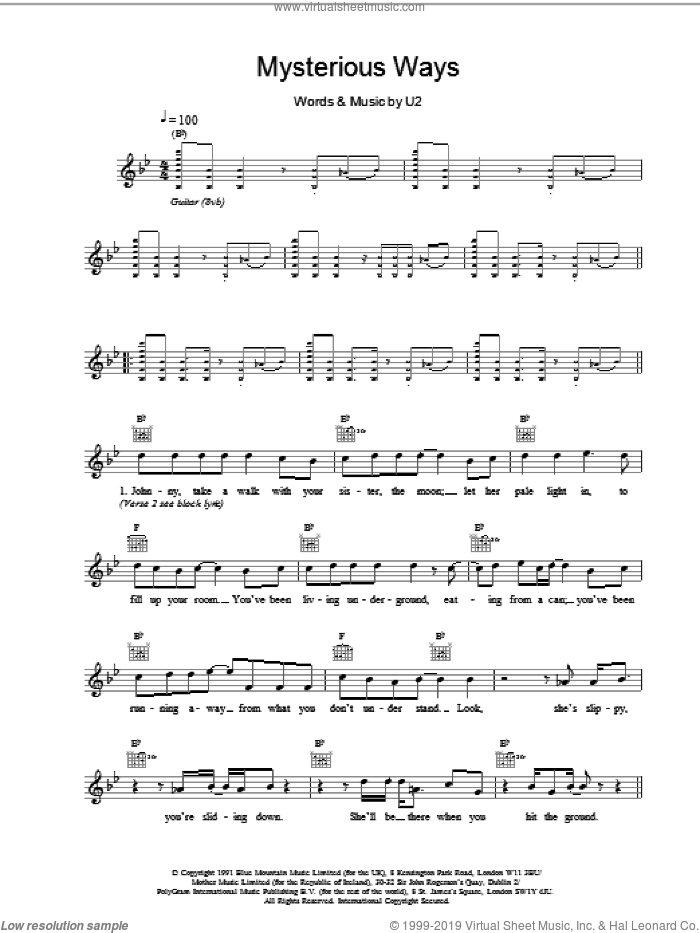 Mysterious Ways sheet music for voice and other instruments (fake book) by U2, intermediate skill level
