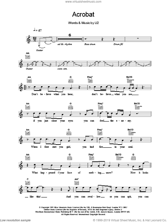 Acrobat sheet music for voice and other instruments (fake book) by U2, intermediate skill level