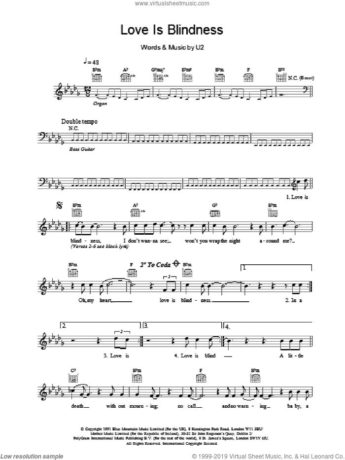 Love Is Blindness sheet music for voice and other instruments (fake book) by U2, intermediate skill level