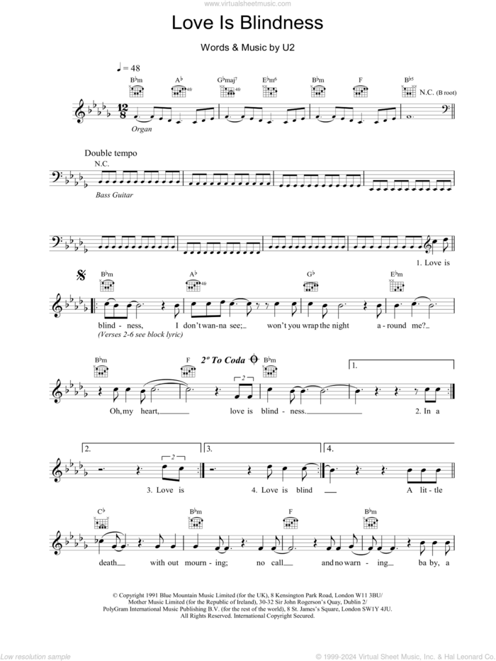 Love Is Blindness sheet music for voice and other instruments (fake book) by U2, intermediate skill level