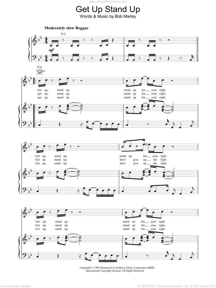 Get Up Stand Up sheet music for voice, piano or guitar by Bob Marley, intermediate skill level