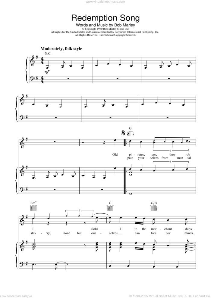 Redemption Song sheet music for voice, piano or guitar by Bob Marley, intermediate skill level