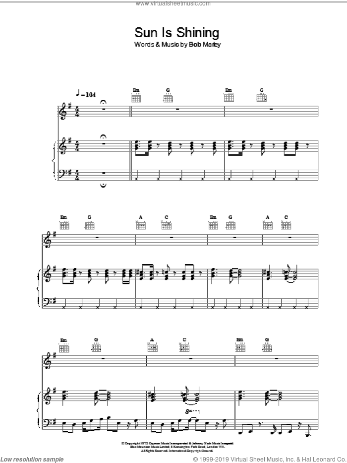 Sun Is Shining sheet music for voice, piano or guitar by Bob Marley, intermediate skill level